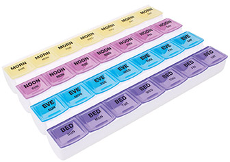 Pill organizers can help track when one needs to take their meds and minimize errors. This can be used to minimize falls that are related to medication use.